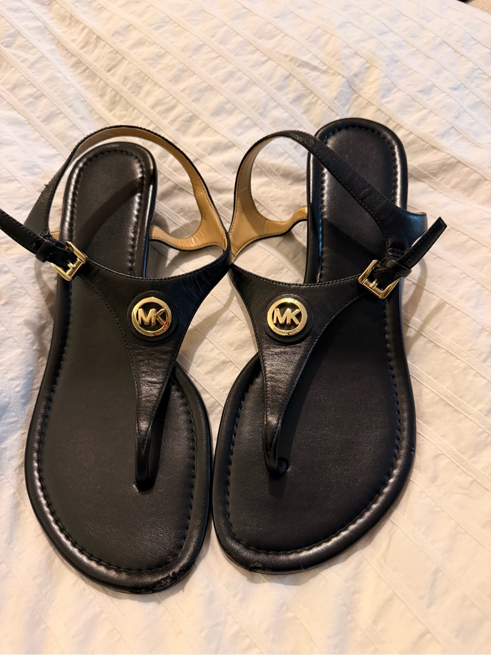 Michael Kors Black Leather Thong Sandals with Gold MK Emblems
